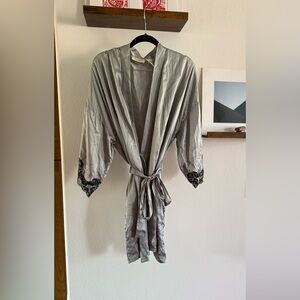 Victoria's Secret vintage silk gold label Gray and Black Lace Trim Robe
